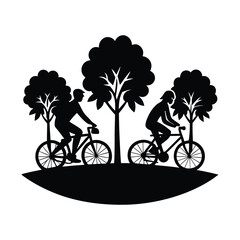 Silhouette of people cycling through trees