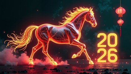 Banner for the Year of the Fire Horse 2026. Chinese calendar. Fog and smoke from under the hooves. Neon red illustration on a black background