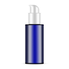 Realistic mockup of blue cosmetic pump bottle with white dispenser, isolated on white background. Ideal for showcasing skincare products, face serums, hair oils, or beauty brand packaging