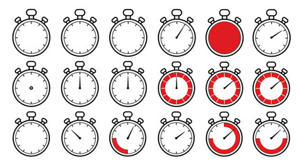 Naklejka premium Collection of Stopwatch Icons Illustrating Time Progression and Measurement for Various Applications
