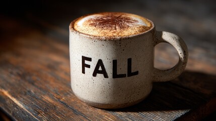 Pumpkin spice latte foam art in ceramic mug on a cozy wooden table