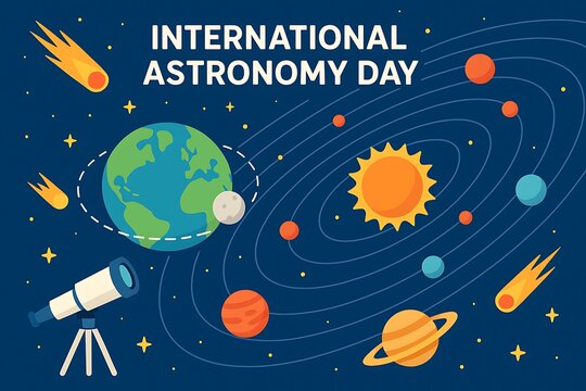 Celebration of International Astronomy Day with celestial bodies and a telescope on a starry background