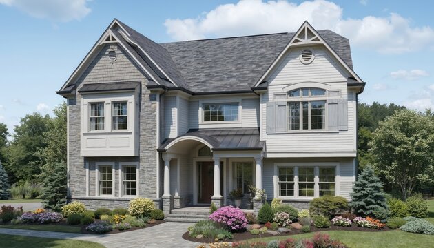 Exterior of two-story house with gray siding, brown roof, white shutters. Low archway on front porch, blue bird bath, pink flowers, well-maintained lawn. Various trees, bushes in background.