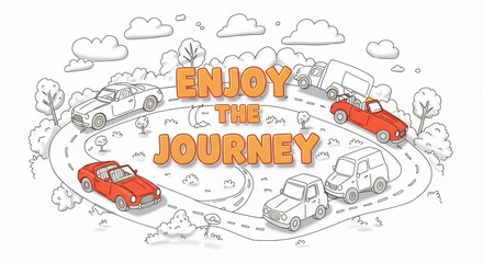 Hand drawn illustration of cars on road enjoy journey