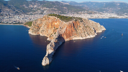 Aerial drone view Alanya castle, rocky cliffs in the sea Alanya - Turkey
