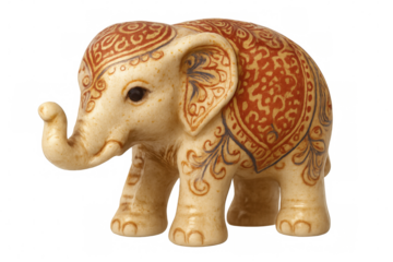 Decorative ceramic elephant adorned with intricate indian patterns, highlighting cultural artistry against transparent backdrop
