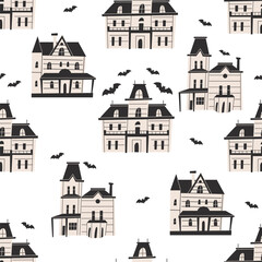 Obraz premium A seamless pattern with spooky gothic house. Vintage haunted mansions with black roof and beige walls. Halloween background