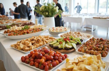 Lively buffet scene with various food items, dishes on white tablecloth table. Succulent red meat, fresh green salad, golden brown bread. Visually appealing, mouth-watering display in bright modern