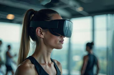 Virtual reality fitness. Woman in VR headset. Gym technology.