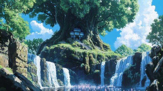 Lush, mythical waterfall cascading over a fantastical, tree-house village.
