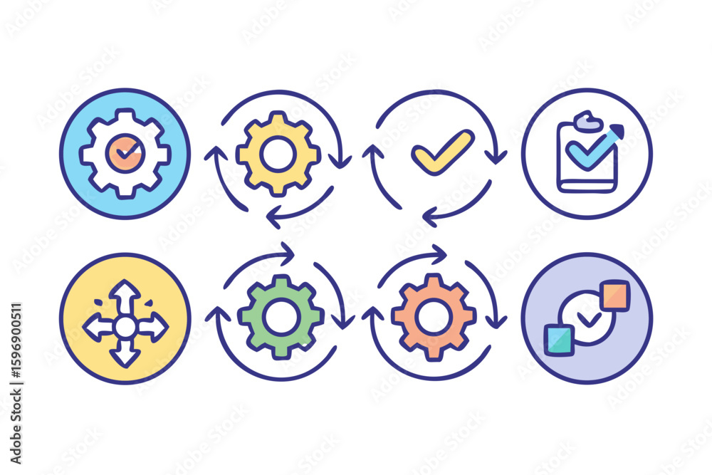 Poster business process icons showing workflow and progress