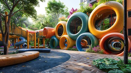 A children Colorful playground in the park. Children run, slide, swing on modern playground.