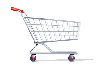 Empty metal shopping cart with red handle