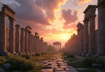 Obraz premium ancient stone columns architectural ruins majestic sky historical landmark archaeological site, architecture, monument, sculpture, temple, culture