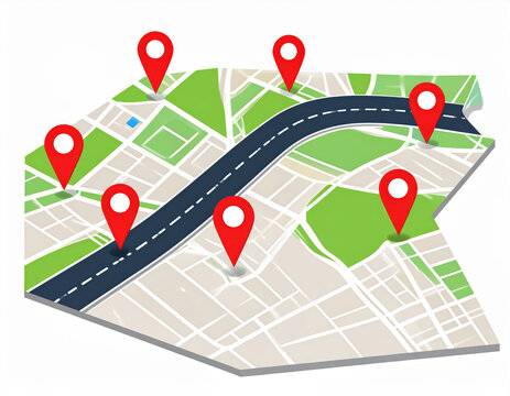 Stylized city map with multiple red location pointers isolated on transparent background