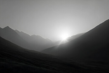 Obraz premium Sunrise over layered mountain ranges with fog. Natural misty landscape at dawn. Calm serene scenery for background.