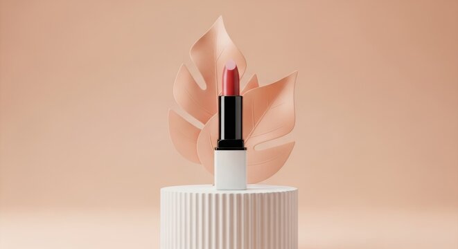 A red lipstick stands elegantly on a ribbed podium with a decorative leaf