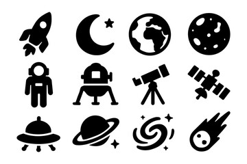 Space exploration icons set: rocket, astronaut, telescope, and more in silhouette