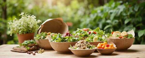 Rustic wooden table in rich green garden hosts healthy meal. Fresh fruits, veggies, flowers in small bowls. Vibrant colors against garden backdrop. Blooming flowers rest nearby. Healthy takeout food