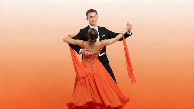 Passionate couple performing elegant tango dance with dramatic movements and artistic expression in intimate studio setting