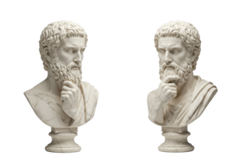 Two ancient Greek marble busts of dignified male philosophers with beards, resting chins on hands, side profile, isolated on clean white. Concept of ancient wisdom and contemplation