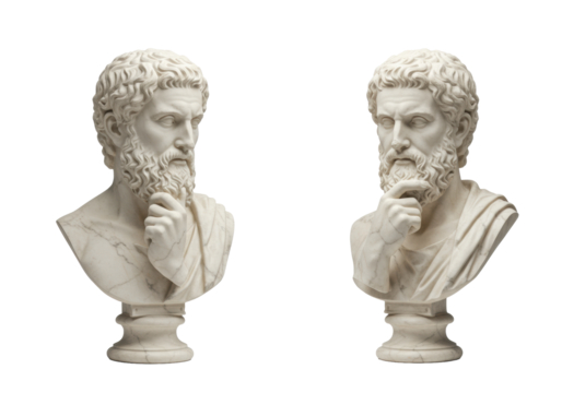 Two ancient Greek marble busts of dignified male philosophers with beards, resting chins on hands, side profile, isolated on clean white. Concept of ancient wisdom and contemplation