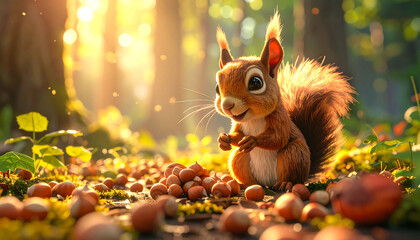 A cute, smiling animated squirrel stands next to a pile of hazelnuts in a sunlit forest.