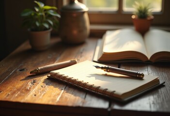 reflective journaling tools laying wooden desk natural lighting soft pen notebook journal serenity, paper, writes, workspace, stationery, ideas, diary
