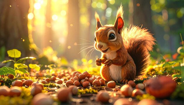 A cute, smiling animated squirrel stands next to a pile of hazelnuts in a sunlit forest.