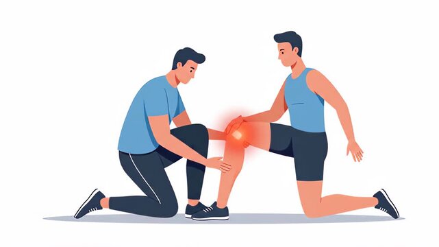 Flat vector a physical therapist is examining a patients knee for pain and providing manual therapy to help with rehabilitation and recovery, isolated on white background