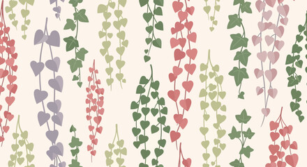 Delicate watercolor illustration featuring hanging floral vines with heart-shaped leaves in pastel hues.
