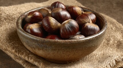 Obraz premium Roasted chestnuts in ceramic bowl on burlap cloth