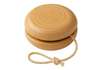 Classic wooden yo-yo with string, isolated on transparent background, representing traditional toys and childhood games