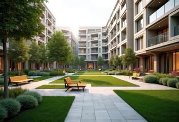 modern urban park featuring geometric design landscapes serene green space angular paths sitting areas, bench, environment, tree, bush, walkway, playground