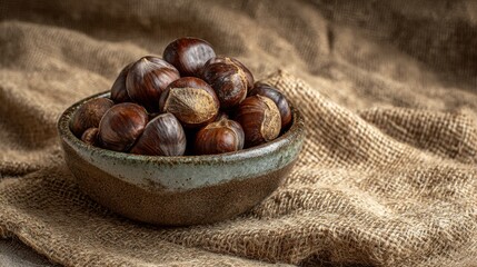 Obraz premium Roasted chestnuts in ceramic bowl on burlap cloth