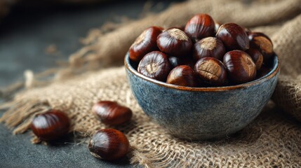 Obraz premium Roasted chestnuts in ceramic bowl on burlap cloth