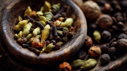 Autumn spice blend in wooden bowl with cardamom pods and cloves scattered around