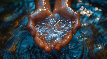 Pairs of hand cupping the water, partially submerged in clear blue water