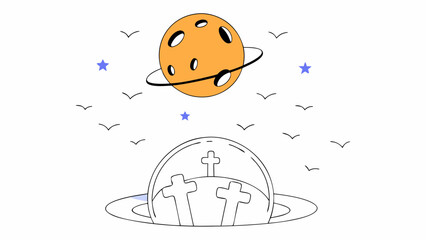Vector art of a spooky planet with tombstones and a moon