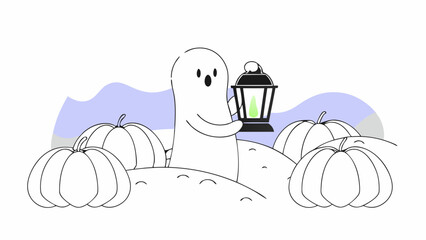 Vector art of a cute ghost holding a lantern in a pumpkin patch © PixelNest Media