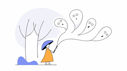 Vector art of a girl conjures ghosts with her magic wand on halloween night