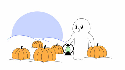 Vector art of a cute ghost is holding a lantern in a pumpkin field