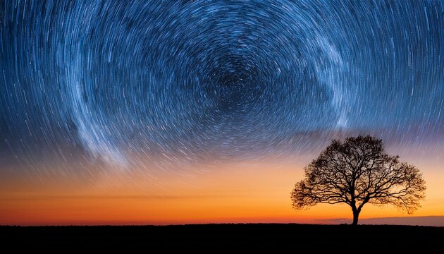 ethereal blue galaxy spiral over isolated tree silhouette against orange sunset panorama for dreamscape concepts