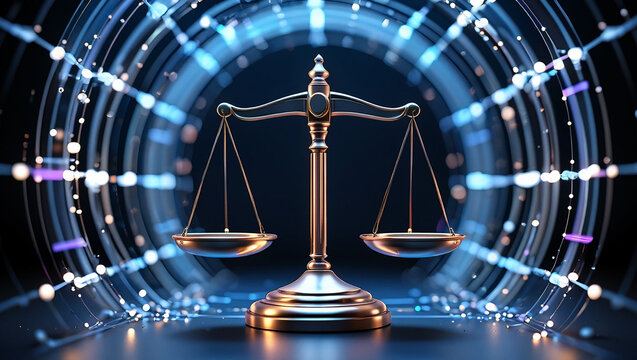 Golden scales balanced against digital light tunnel justice technology - Powered by Adobe