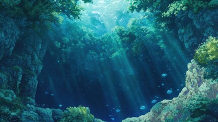 Fototapeta premium Sunlight streams through a coral reef's underwater cave.