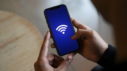 Hands Holding Smartphone Showing WiFi Signal Icon