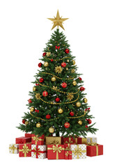 Meticulously decorated Noble Fir Christmas tree, glossy red and shimmering gold baubles, radiant golden star, festive gift-wrapped presents, transparent background, commercial Christmas elegance