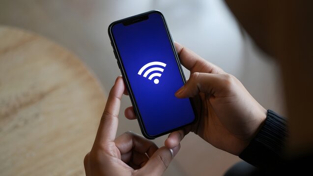 Hands Holding Smartphone Showing WiFi Signal Icon
