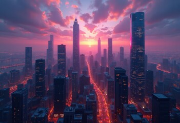 Fototapeta premium twilight city skyline vibrant colorful lights urban nightscape illuminated architecture reflection, building, evening, neon, luminous, view, panorama