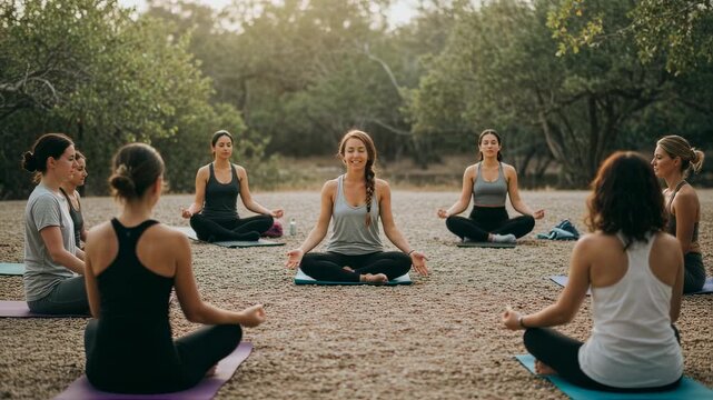 Group of women practicing yoga and meditating outdoors in nature - Powered by Adobe